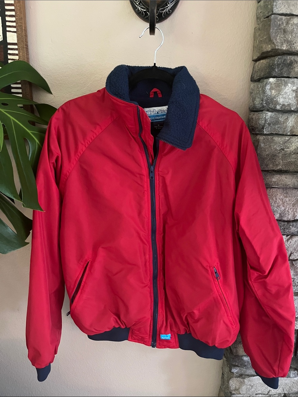 High Seas Foul Weather Gear Red Men's Jacket with Navy Lined Collar
